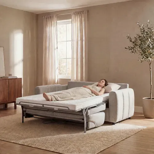 Canapé convertible express 3 places MYLODIE tissu gris matelas 12 cm