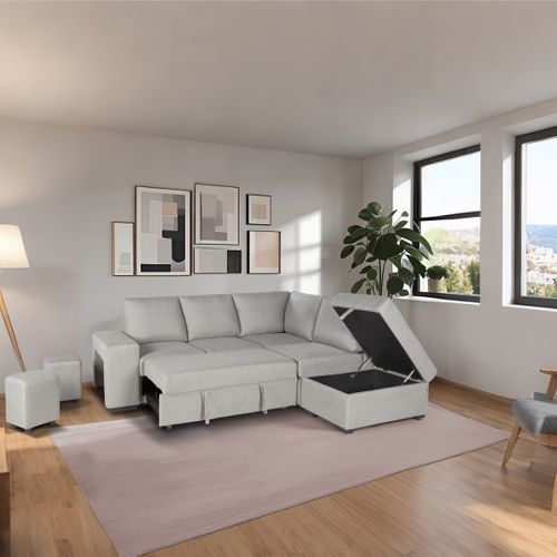 Canapé d'angle droit convertible LAURENCE tissu gris clair