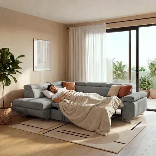 Canapé d'angle gauche convertible SALVADOR tissu gris clair