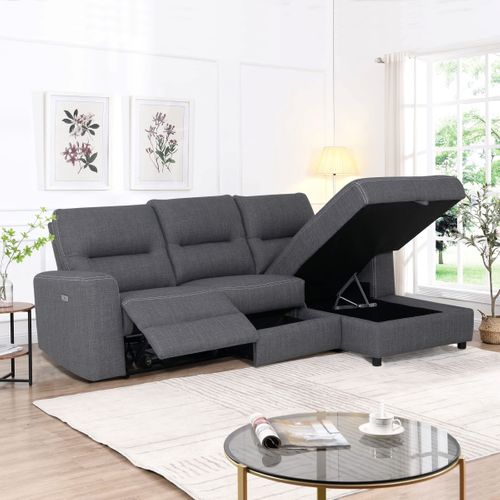Canapé d'angle droit relax électrique MAURICE tissu gris
