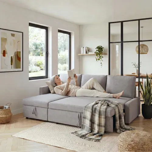 Canapé d'angle convertible méridienne réversible CAMPUS tissu gris clair