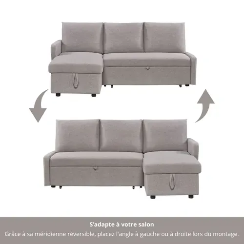Canapé d'angle convertible méridienne réversible CAMPUS tissu gris clair vue détaillée