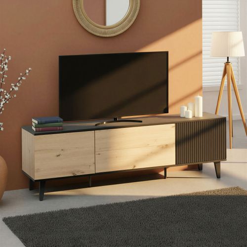 Meuble TV L.177 cm FABIEN imitation chêne et noir vue d'ambiance 1