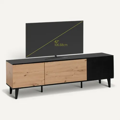 Meuble TV L.177 cm FABIEN imitation chêne et noir vue 3/4