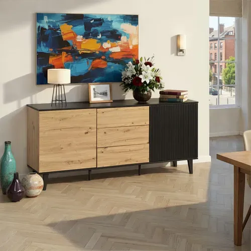 Buffet 2 portes 3 tiroirs L.170cm FABIEN imitation chêne et noir