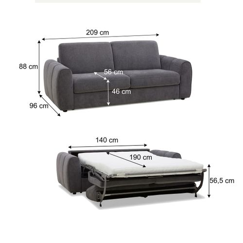 Canapé fixe convertible express 3 places LEO tissu gris anthracite matelas 12 cm