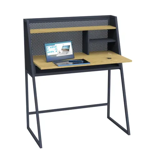 Bureau droit avec étagères OGEDON imitation chêne et noir vue d'ambiance 1