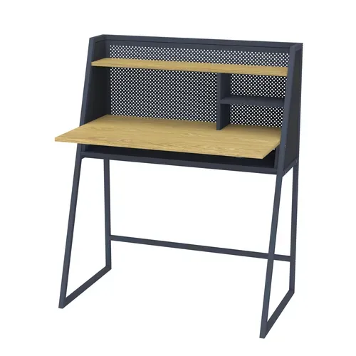 Bureau droit avec étagères OGEDON imitation chêne et noir vue de profil