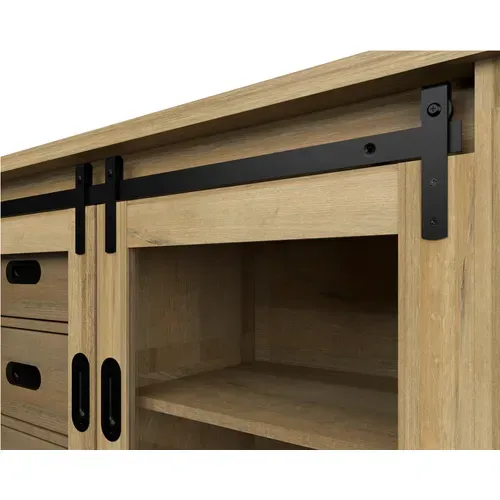 Buffet 2 portes 3 tiroirs 150 cm RUDI imitation chêne et noir vue accessoires