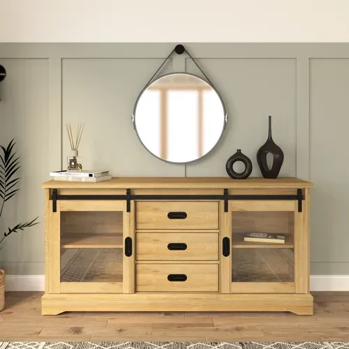 Buffet 2 portes 3 tiroirs 150 cm RUDI imitation chêne et noir vue d'ambiance 1