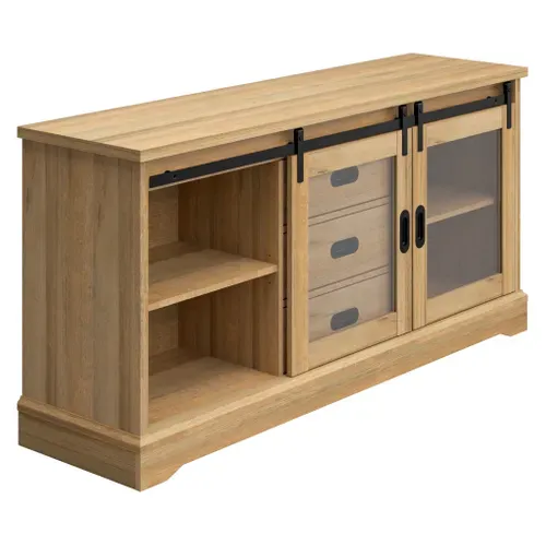 Buffet 2 portes 3 tiroirs 150 cm RUDI imitation chêne et noir vue 3/4