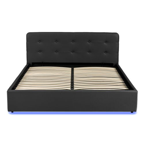 Lit coffre 160x200 cm avec sommier relevable LYLA avec LED en polyuréthane noir