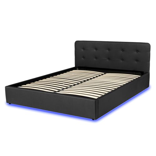 Lit coffre 160x200 cm avec sommier relevable LYLA avec LED en polyuréthane noir