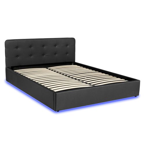 Lit coffre 160x200 cm avec sommier relevable LYLA avec LED en polyuréthane noir