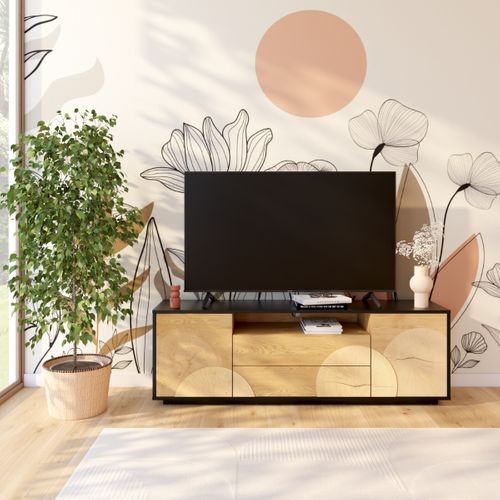 Meuble TV L.170cm CHARLINE imitation chêne et noir vue d'ambiance 1