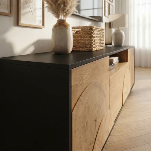 Meuble TV L.170cm CHARLINE imitation chêne et noir