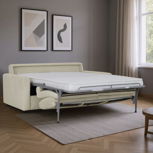 Canapé convertible express 3 places LIOR velours côtelé beige matelas 12 cm vue d'ambiance 1