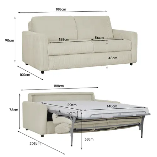 Canapé convertible express 3 places LIOR velours côtelé beige matelas 12 cm