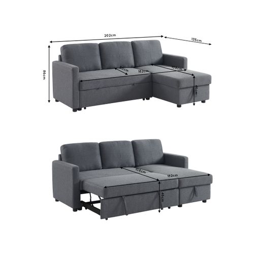 Canapé d'angle convertible méridienne réversible KIM tissu gris foncé