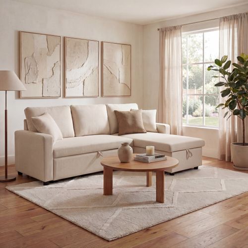 Canapé d'angle convertible méridienne réversible TYRA tissu beige vue d'ambiance 1