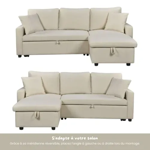 Canapé d'angle convertible méridienne réversible TYRA tissu beige vue de profil