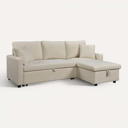Canapé d'angle convertible méridienne réversible TYRA tissu beige vue 3/4