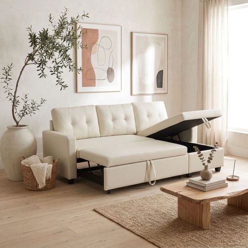 Canapé d'angle convertible méridienne réversible SYRA tissu beige vue d'ambiance 1