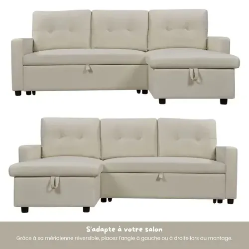 Canapé d'angle convertible méridienne réversible SYRA tissu beige vue de profil