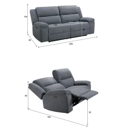 Canapé relax électrique 3 places + 2 ports USB SUNDAY tissu gris