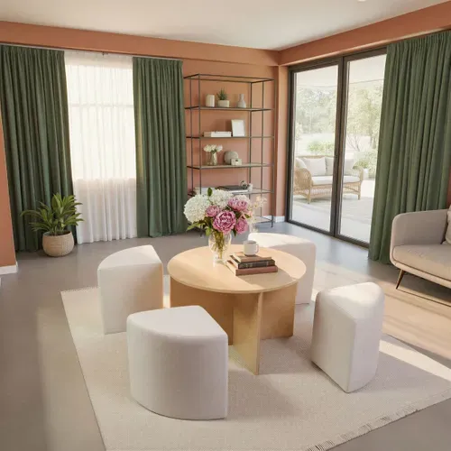 Table basse ronde + 4 poufs PRISCA chêne et tissu beige