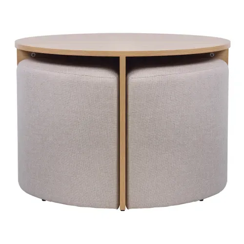Table basse ronde + 4 poufs PRISCA chêne et tissu beige