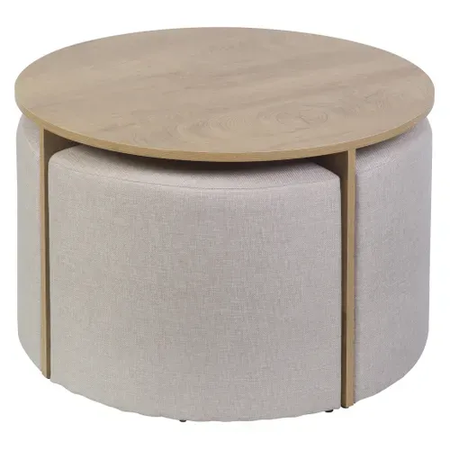 Table basse ronde + 4 poufs PRISCA chêne et tissu beige