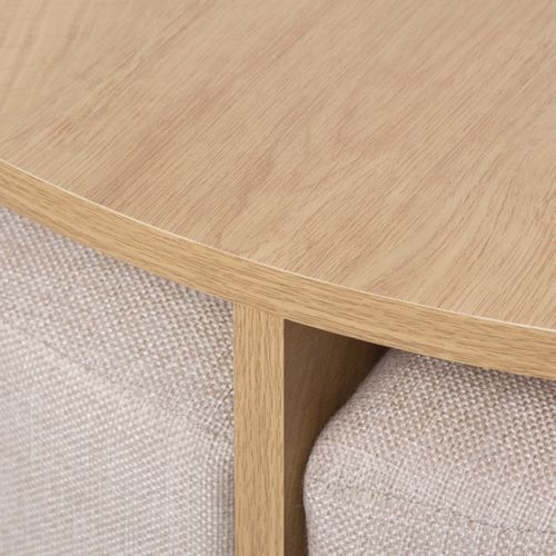 Table basse ronde + 4 poufs PRISCA chêne et tissu beige