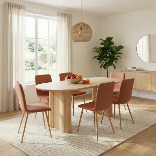 Table de séjour RAELA 180cm effet travertin vue d'ambiance 1