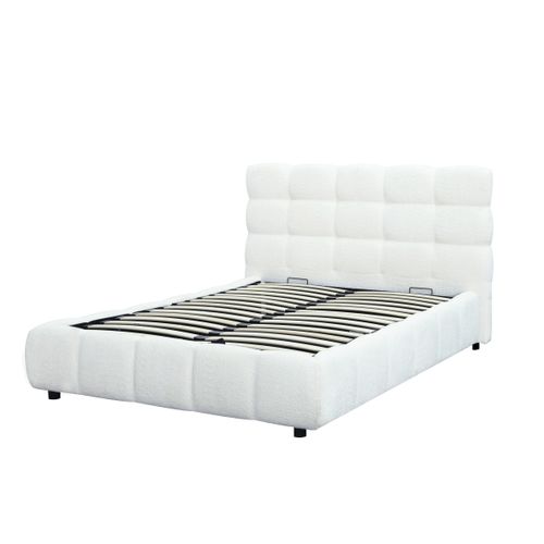 Lit coffre 140x190 cm NUAGE tissu effet boucle capitonné vue de profil