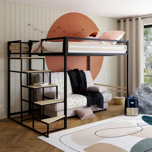 Lit mezzanine 140x200 cm MARLEY imitation chêne - noir vue d'ambiance 1