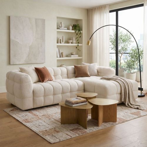 Canapé d'angle droit BULLE tissu bouclette crème vue d'ambiance 1