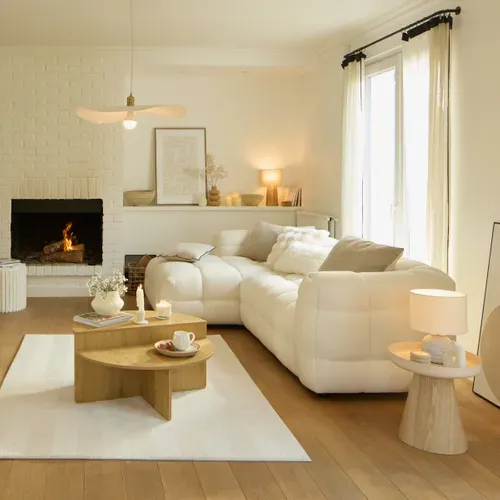 Canapé d'angle gauche BULLE tissu bouclette crème vue d'ambiance 1