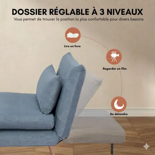 Canapé 2 places convertible IGLOO tissu bleu vue de profil