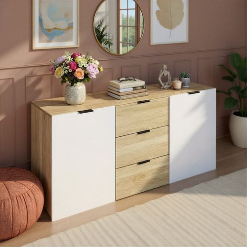 Rangement 2 portes 4 tiroirs LEON blanc et imitation chêne