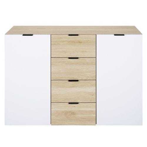 Rangement 2 portes 4 tiroirs LEON blanc et imitation chêne