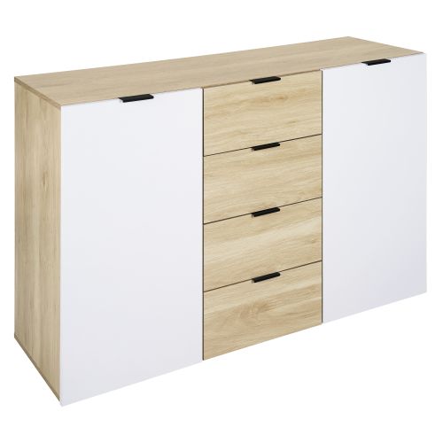 Rangement 2 portes 4 tiroirs LEON blanc et imitation chêne