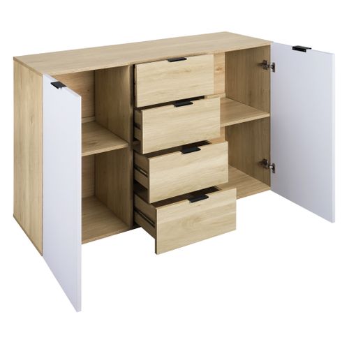 Rangement 2 portes 4 tiroirs LEON blanc et imitation chêne