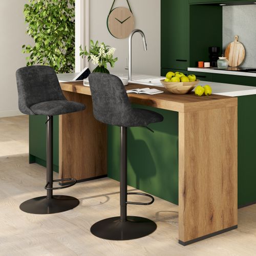 Lot de 2 tabourets de bar pivotants H.63cm et up&down LARISSA tissu gris foncé