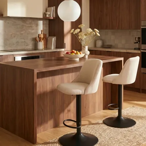 Lot de 2 tabourets de bar pivotants H.63cm et up&down LARISSA tissu beige vue d'ambiance 1