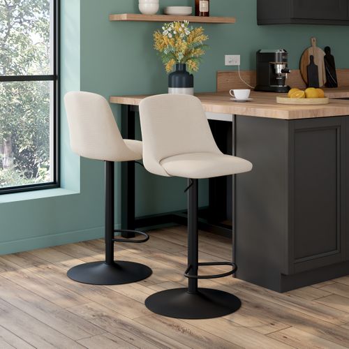 Lot de 2 tabourets de bar pivotants H.63cm et up&down LARISSA tissu beige