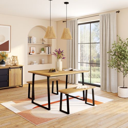 Ensemble table + 2 bancs DANNY imitation chêne et noir