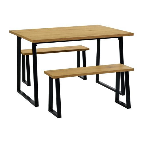 Ensemble table + 2 bancs DANNY imitation chêne et noir