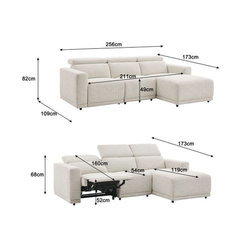 Canapé d'angle droit relax électrique MONA tissu beige