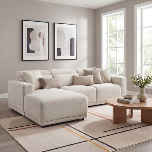 Canapé d'angle gauche relax électrique MONA tissu beige vue d'ambiance 1